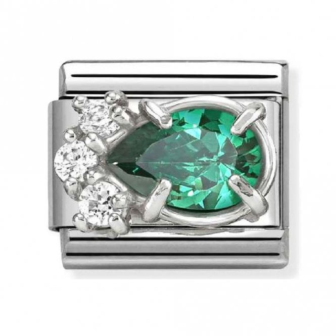 Nomination  Green Pear Drop with White Round CZ Stones Silver Shine Charm