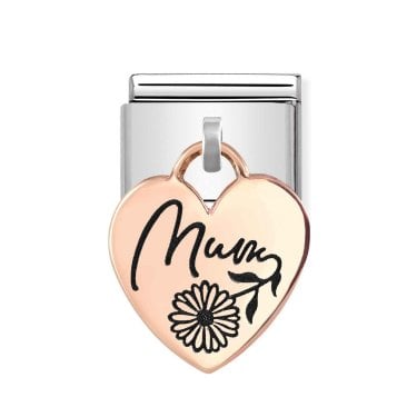 Nomination Hanging Mum Heart with Flower Rose Gold Charm