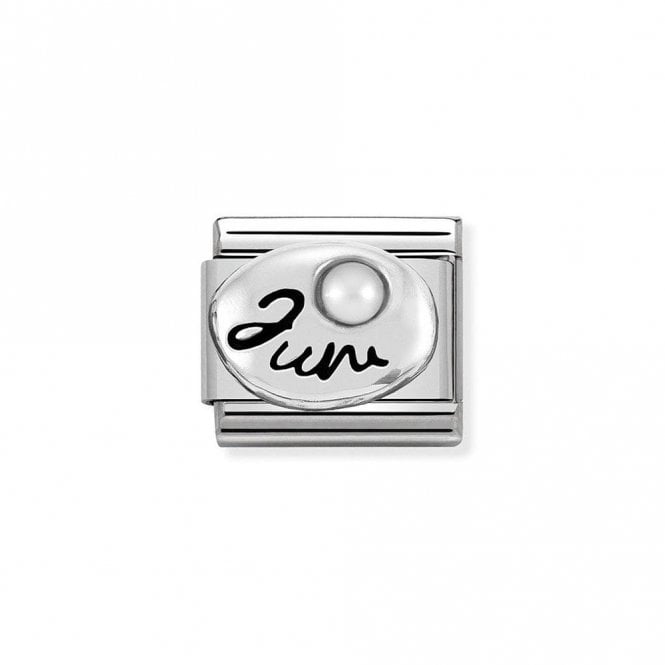 Nomination  June Writing with White Pearl Birthstone Silver Shine