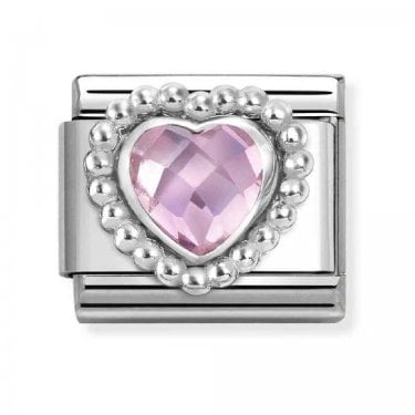 Nomination Light Pink CZ Heart with Beaded Dot Trim Silver Shine Charm