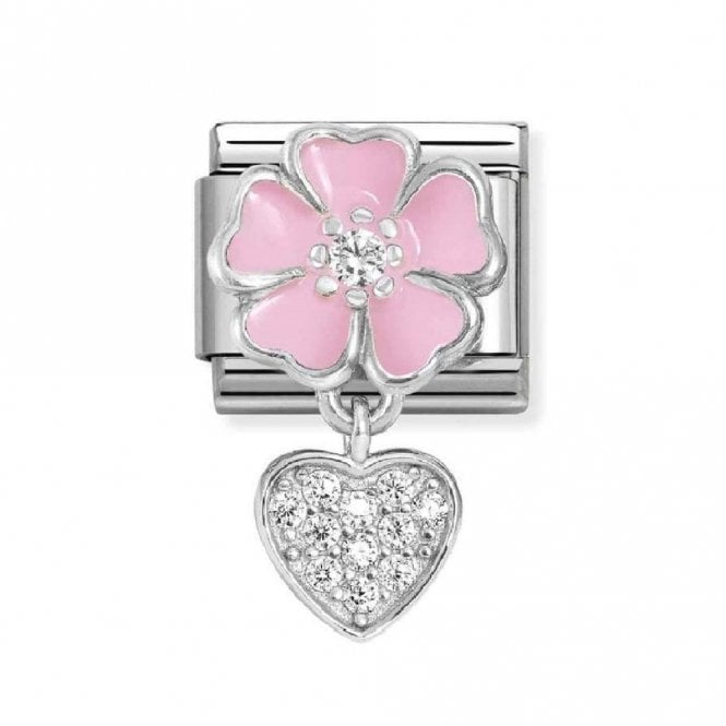 Nomination Nomiantion Pink Flower with Hanging CZ Heart Silver Shine Charm