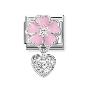 Nomiantion Pink Flower with Hanging CZ Heart Silver Shine Charm