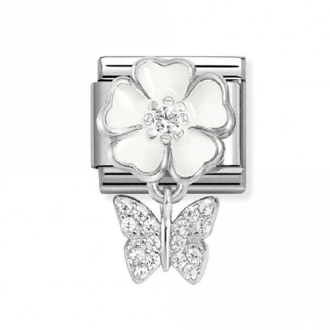 Nomination Nomiantion White Flower with Hanging CZ Butterfly Silver Shine Charm