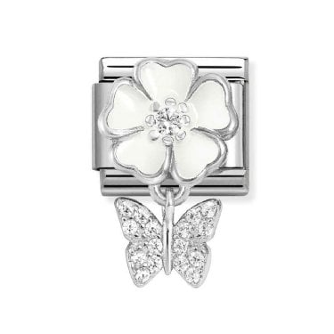 Nomiantion White Flower with Hanging CZ Butterfly Silver Shine Charm