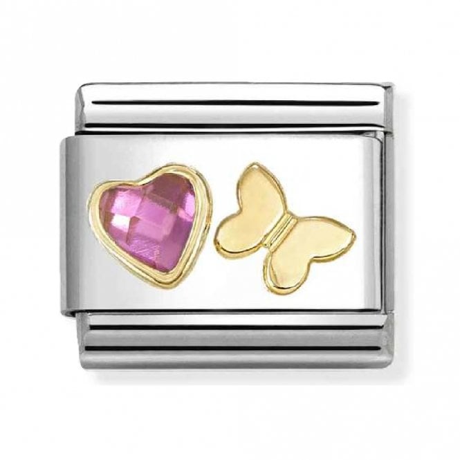 Nomination  Pink CZ Heart with Butterfly Yellow Gold Charm