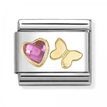 Nomination Pink CZ Heart with Butterfly Yellow Gold Charm