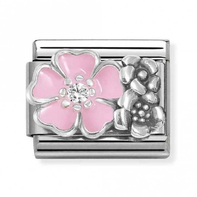 Nomination  Pink Enamel CZ Flower with Oxidized Flowers Silver Shine Charm