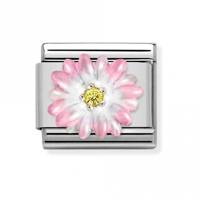 Nomination  Pink Flower with Yellow CZ Stone Silver Shine Charm