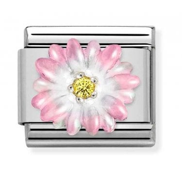 Nomination Pink Flower with Yellow CZ Stone Silver Shine Charm