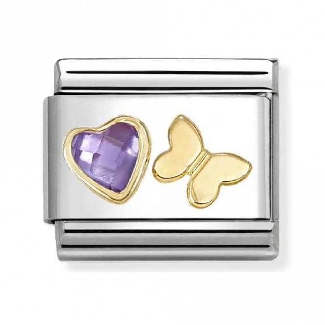Nomination  Purple CZ Heart with Butterfly Yellow Gold Charm