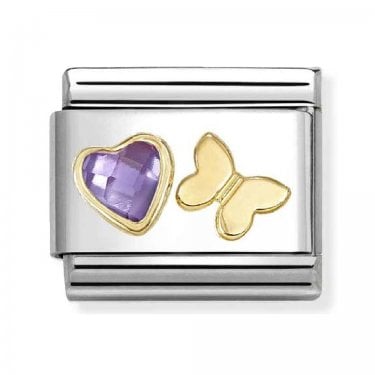 Nomination Purple CZ Heart with Butterfly Yellow Gold Charm