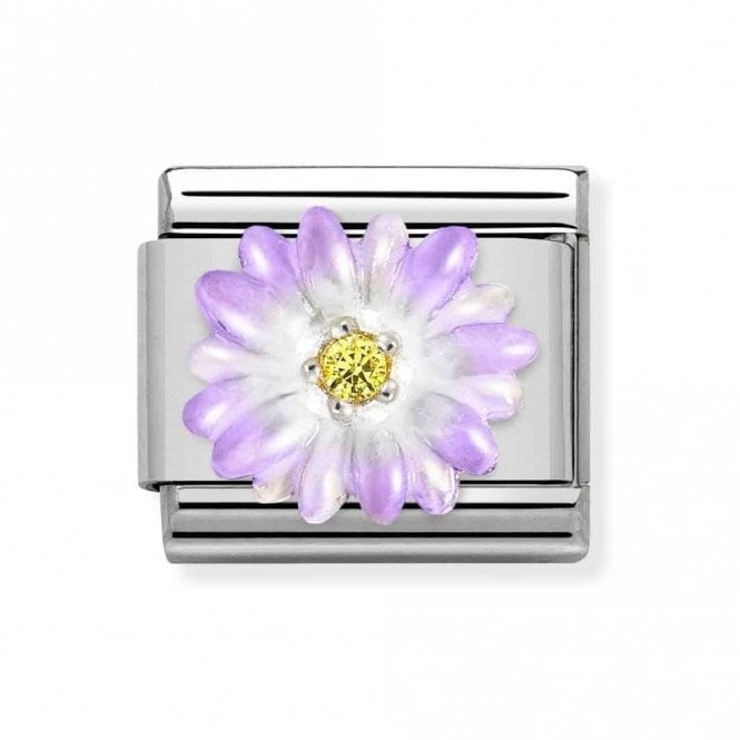 Nomination  Purple Flower with Yellow CZ Stone Silver Shine Charm