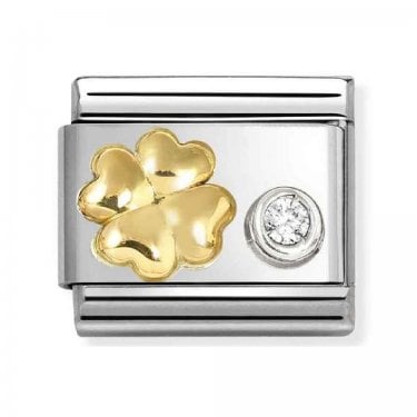 Nomination Raised Gold Four Leaf Clover with CZ Gold & Silver Charm