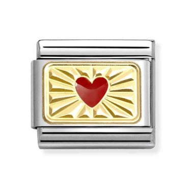 Nomination Red Heart On Etched Plate Yellow Gold Charm
