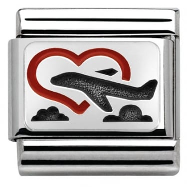 Nomination Red Heart With Plane Silver Shine