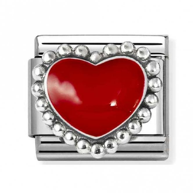 Nomination  Red Raised Heart Beaded Trim Silver Shine Charm