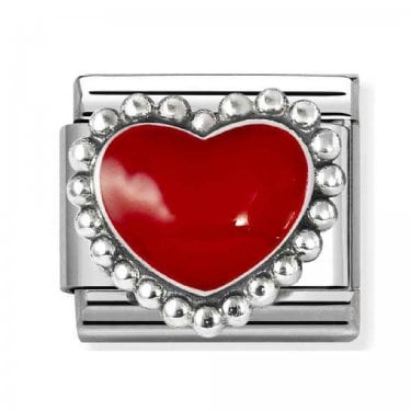 Nomination Red Raised Heart Beaded Trim Silver Shine Charm