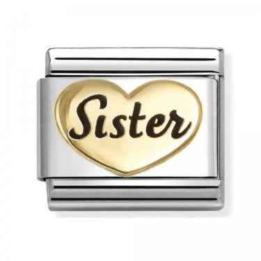Nomination Sister Heart Black Writing Yellow Gold Charm