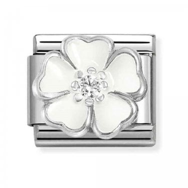 Nomination White Enamel CZ Flower Silver Shine Charm