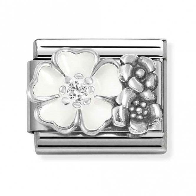 Nomination  White Enamel CZ Flower with Oxidized Flowers Silver Shine Charm