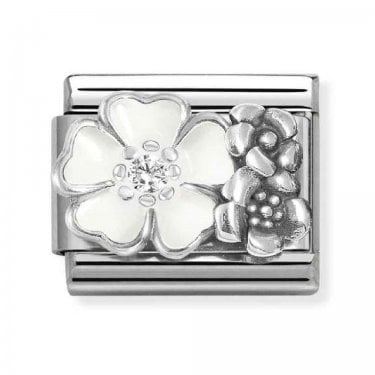 Nomination White Enamel CZ Flower with Oxidized Flowers Silver Shine Charm