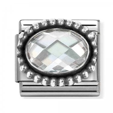 Nomination White Faceted CZ Oval with Beaded Dot Trim Silver Shine Charm