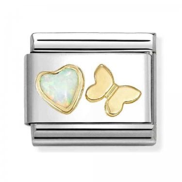 Nomination White Opal Heart with Butterfly Yellow Gold Charm