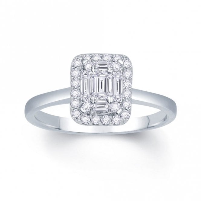 Faith Diamonds Palladium 0.40ct Baguette & Round Brilliant Illusion Centre with Halo Diamond Ring