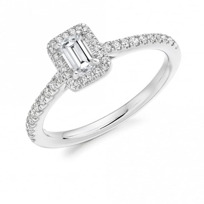 Faith Diamonds Palladium 0.58ct Total Emerald Cut & Round Brilliant Diamond Halo Ring