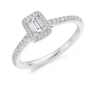 Palladium 0.58ct Total Emerald Cut & Round Brilliant Diamond Halo Ring
