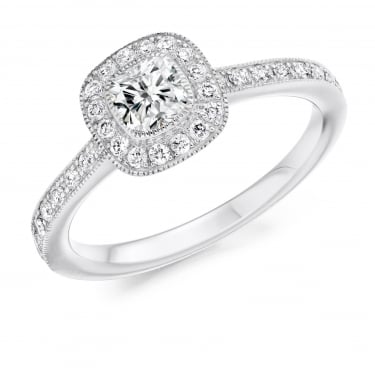 Palladium 0.63ct Total Round Brilliant Cushion Cut Diamond Halo Ring 
