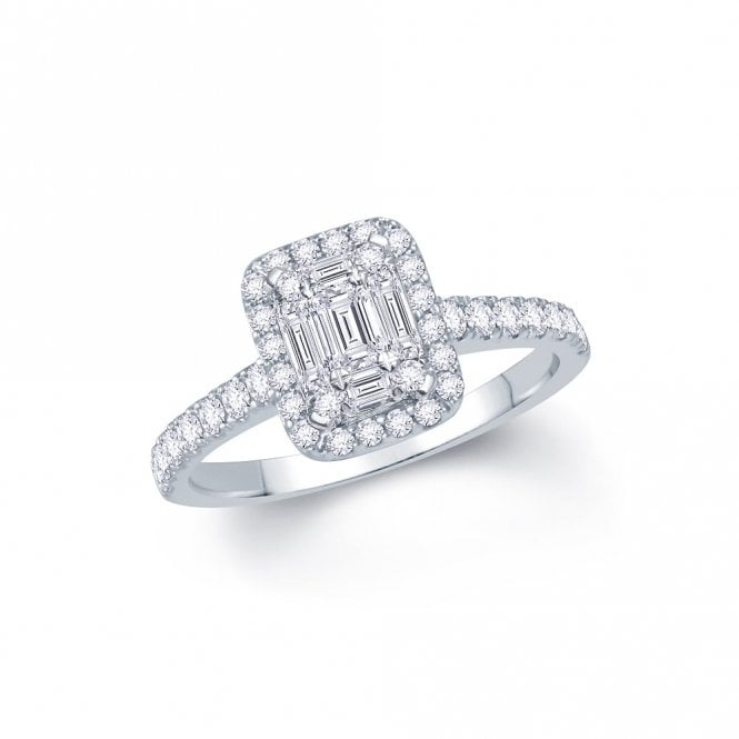Faith Diamonds Palladium 0.65ct Baguette Cluster with Round Brilliant Halo and Diamond Shoulders Ring