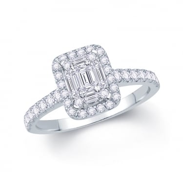 Palladium 0.65ct Baguette Cluster with Round Brilliant Halo and Diamond Shoulders Ring