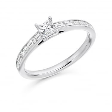 Palladium 0.72ct Total Princess Cut & Baguette Cut Diamond Ring 
