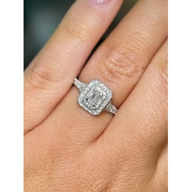 Platinum 0.50ct Emerald Cut Solitaire with Double Halo & Diamond Shoulders Ring