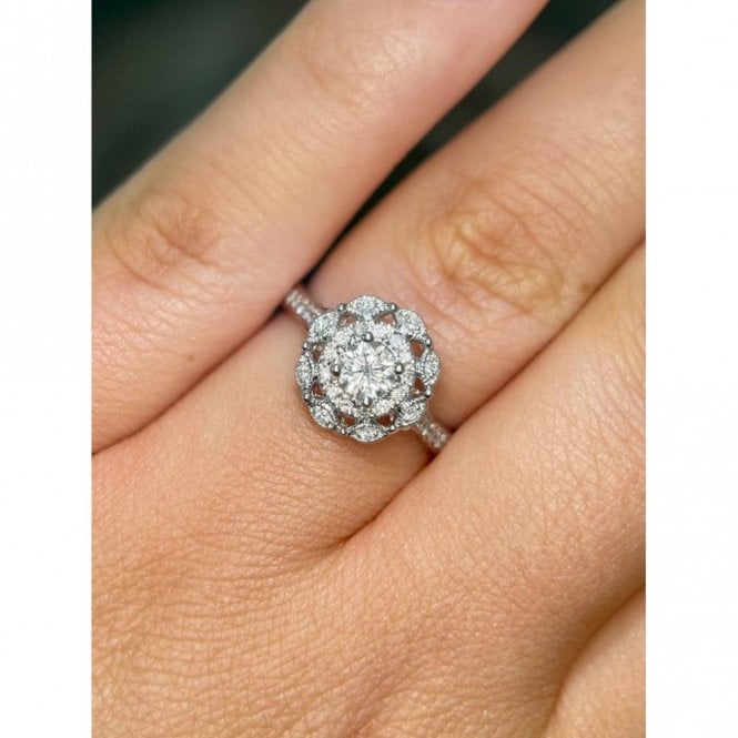 Faith Diamonds Platinum 0.50ct Total Round Brilliant Centre with Fancy Halo & Diamond Shoulders Ring