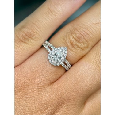 Platinum 0.80ct Total Pear Cut Centre with Double Halo & Split Diamond Shoulders Ring
