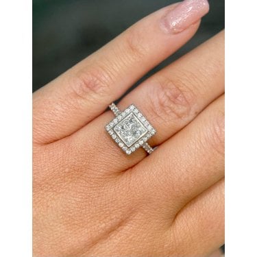 Platinum 0.85ct Total Square Illusion Centre with Round Brilliant Diamond Halo with Diamond Shoulders Ring