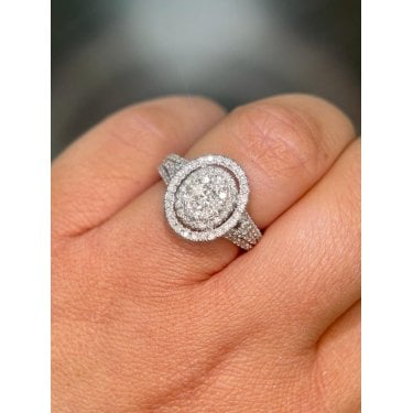 Platinum 1.00ct Total Oval Illusion Centre with Double Halo & Split Fancy Diamond Shoulders Ring