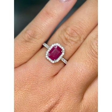 Platinum Emerald Cut Ruby Centre with Single Halo & Diamond Shoulders Ring
