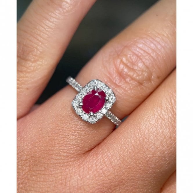 Faith Diamonds Platinum Oval Cut Ruby Centre with Single Cushion Edge Halo & Diamond Shoulders Ring