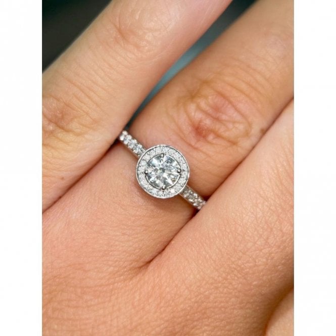 Faith Diamonds Platinum Total 0.65ct Round Brilliant Centre with Single Halo & Diamond Shoulders Ring