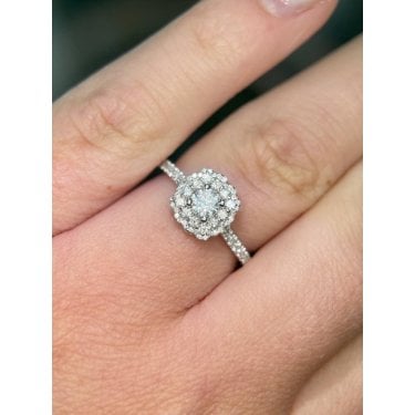 Platinum Total 0.66ct Round Brilliant Cut Centre Vintage Edge Double Halo Diamond Shoulders Ring