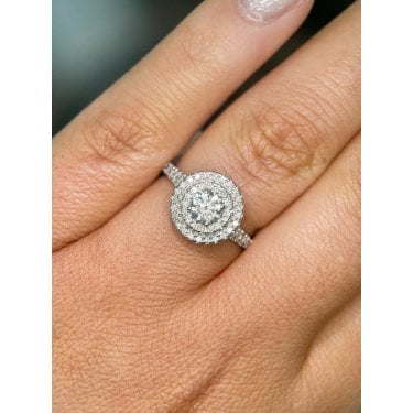 Platinum Total 0.97ct Round Brilliant Centre Double Round Halo & Diamond Split Shoulders Ring