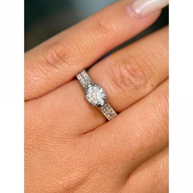 Faith Diamonds Platinum Total 1.40ct Round Brilliant Solitaire & Beaded Edge Diamond Shoulders & Raised Setting Ring
