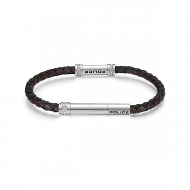 Police Barrell Black & Brown Braided Leather Bracelet 19cm