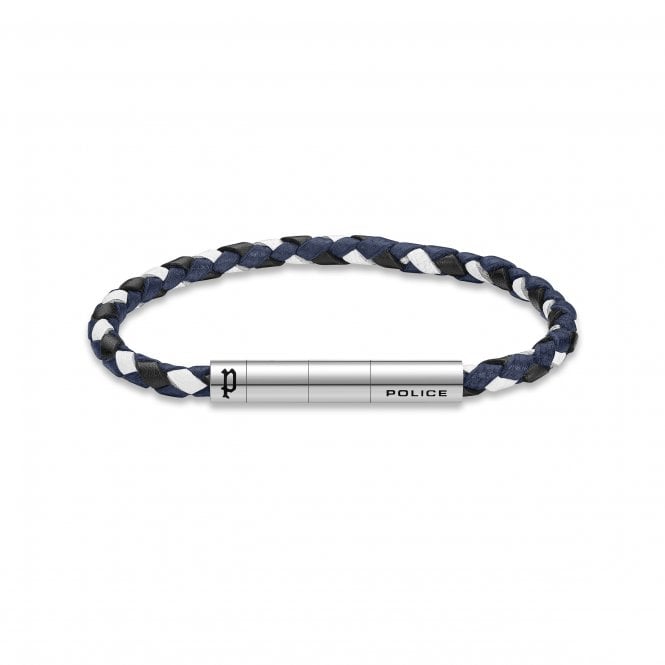 Police  Fuze Stainless Steel & Navy Multi Braided Leather Bracelet 18.5-21cm