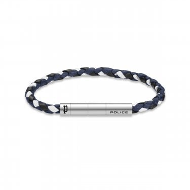 Police Fuze Stainless Steel & Navy Multi Braided Leather Bracelet 18.5-21cm