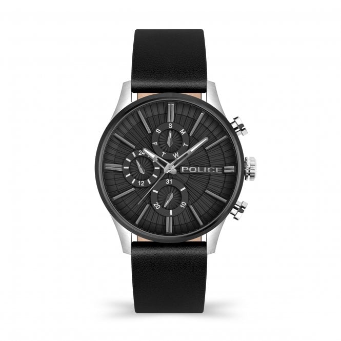 Police  Gents Barter Multi Dial Black Leather Strap Watch