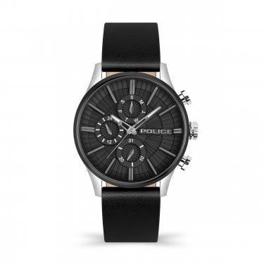 Police Gents Barter Multi Dial Black Leather Strap Watch
